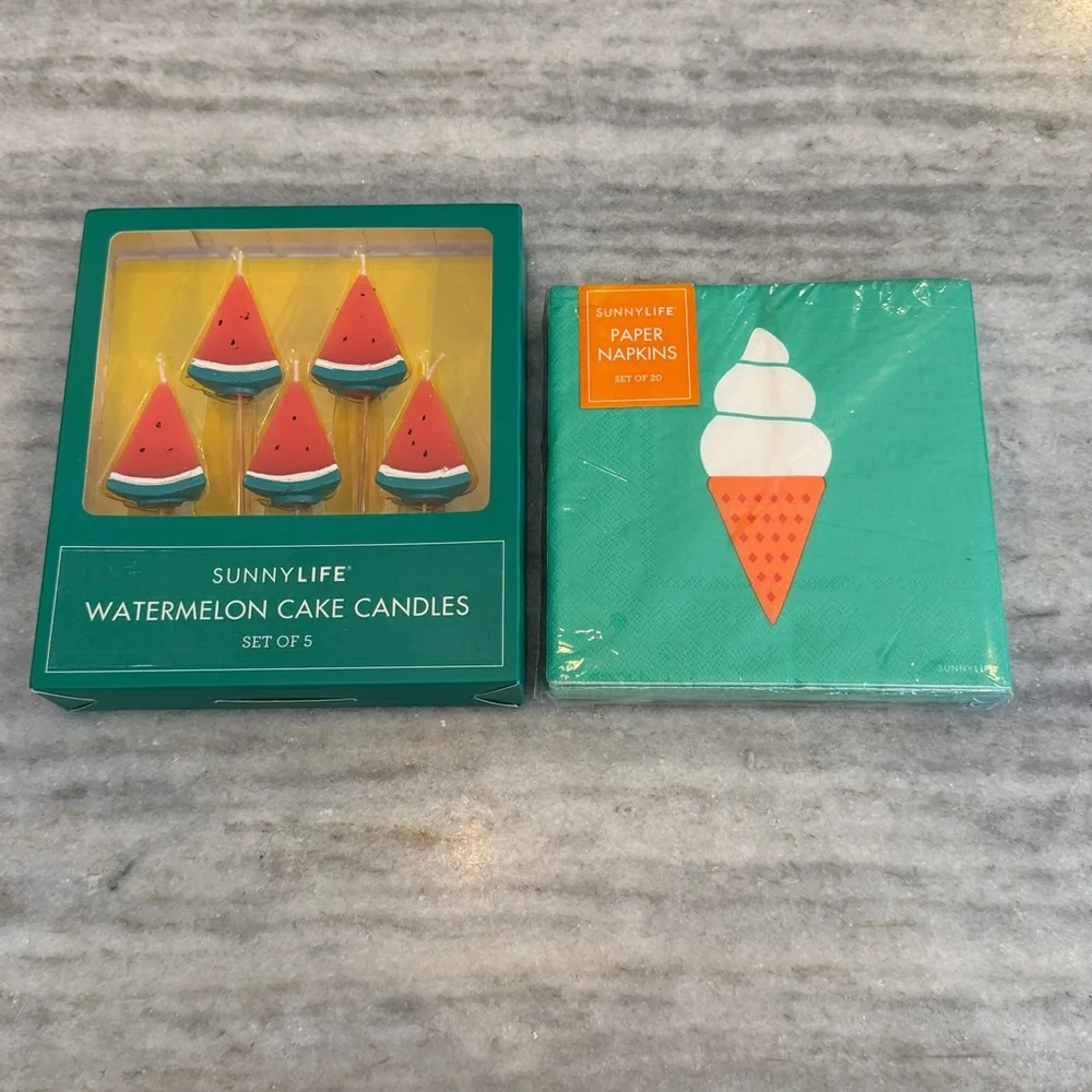 NEW Sunnylife Party Supplies - Watermelon Cake Candles & Ice. Cream Cone Napkins